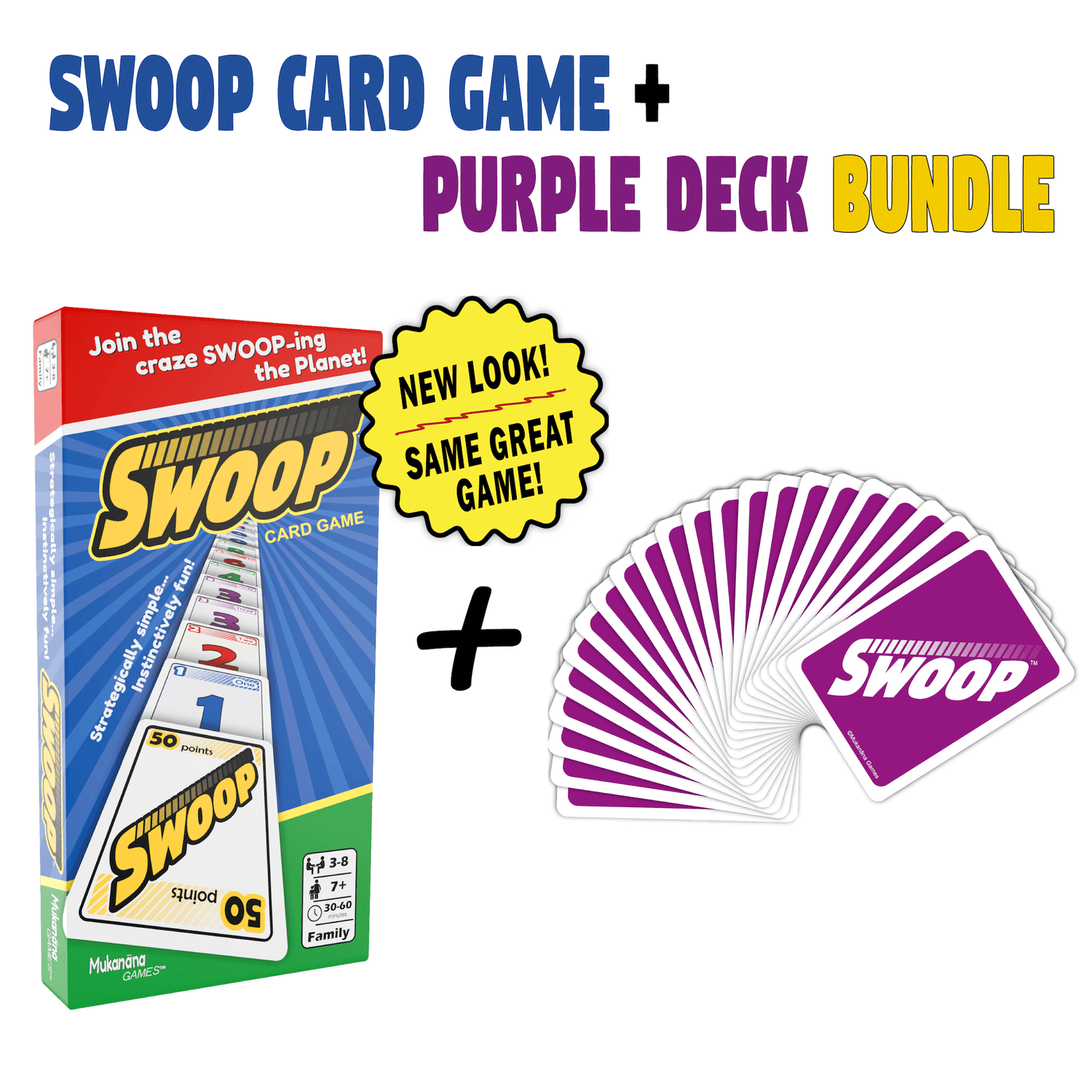 Swoop card game packaging with purple deck bundle on a white background