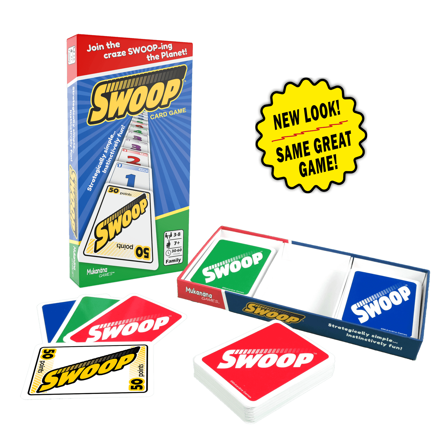 Opened box with cards showing of fun and easy SWOOP Card Game with NEW LOOK Badge
