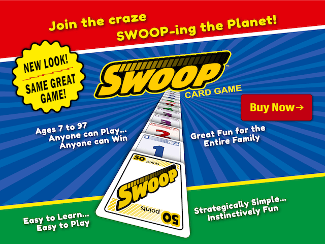 Swoop card game packaging with colorful design and text.