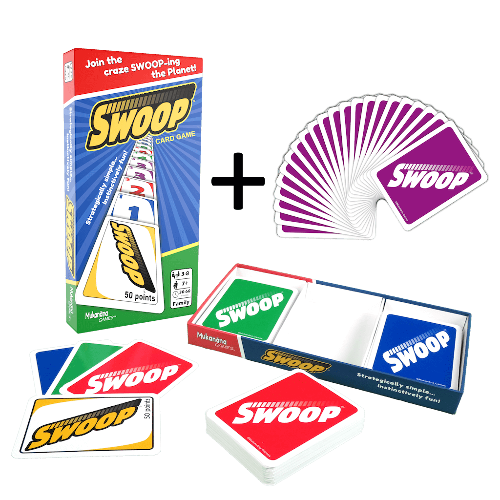 SWOOP Pre-Order Bundle, including game box front and back, cards, and the free 4th Purple Deck