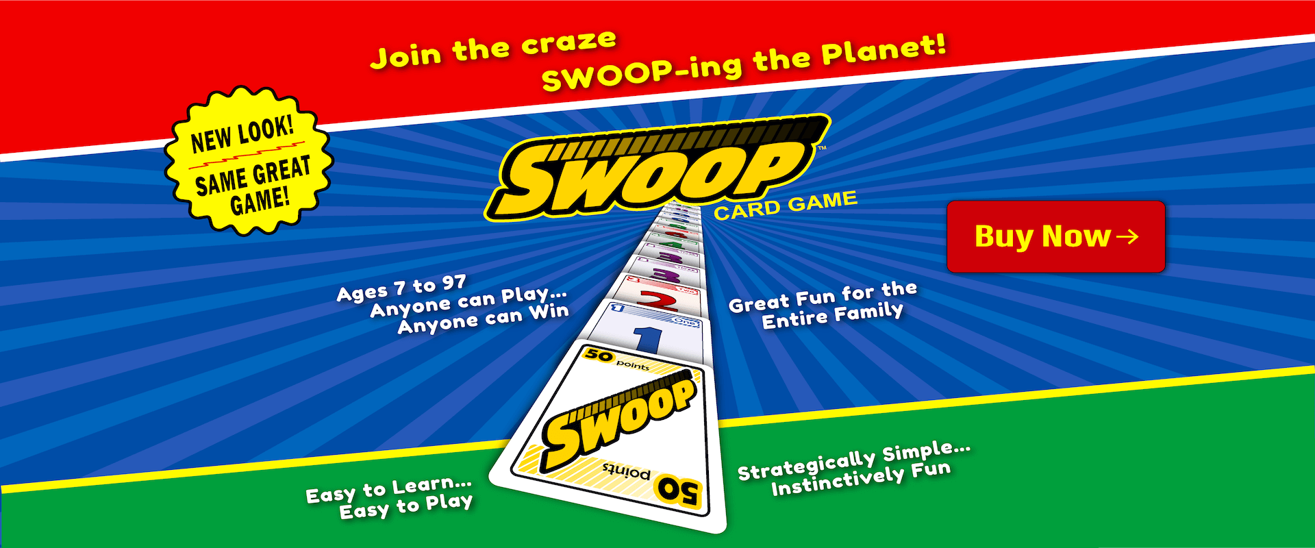 Advertisement for the Swoop card game with colorful design and product image.