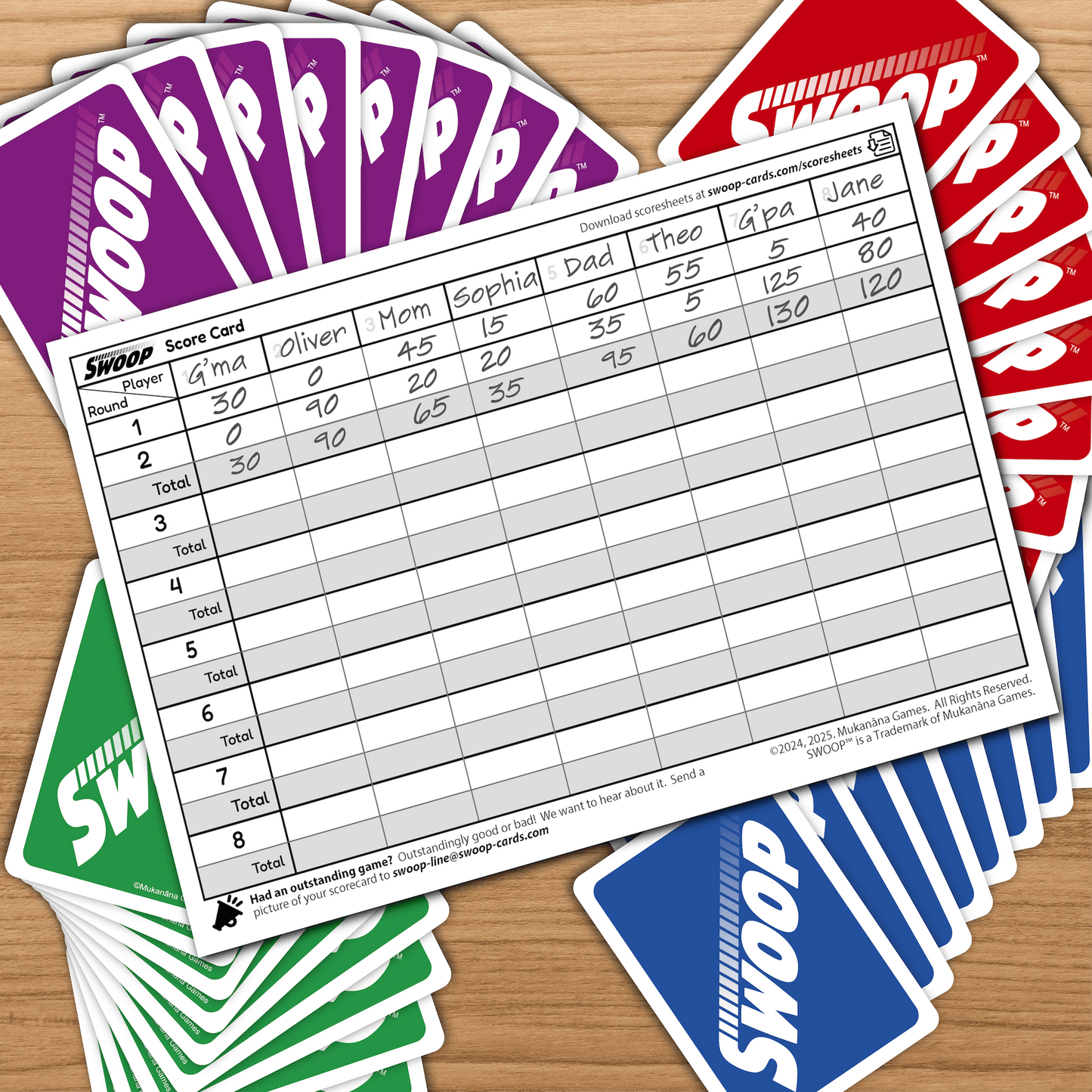 SWOOP Scoresheet on top of SWOOP Cards on a table