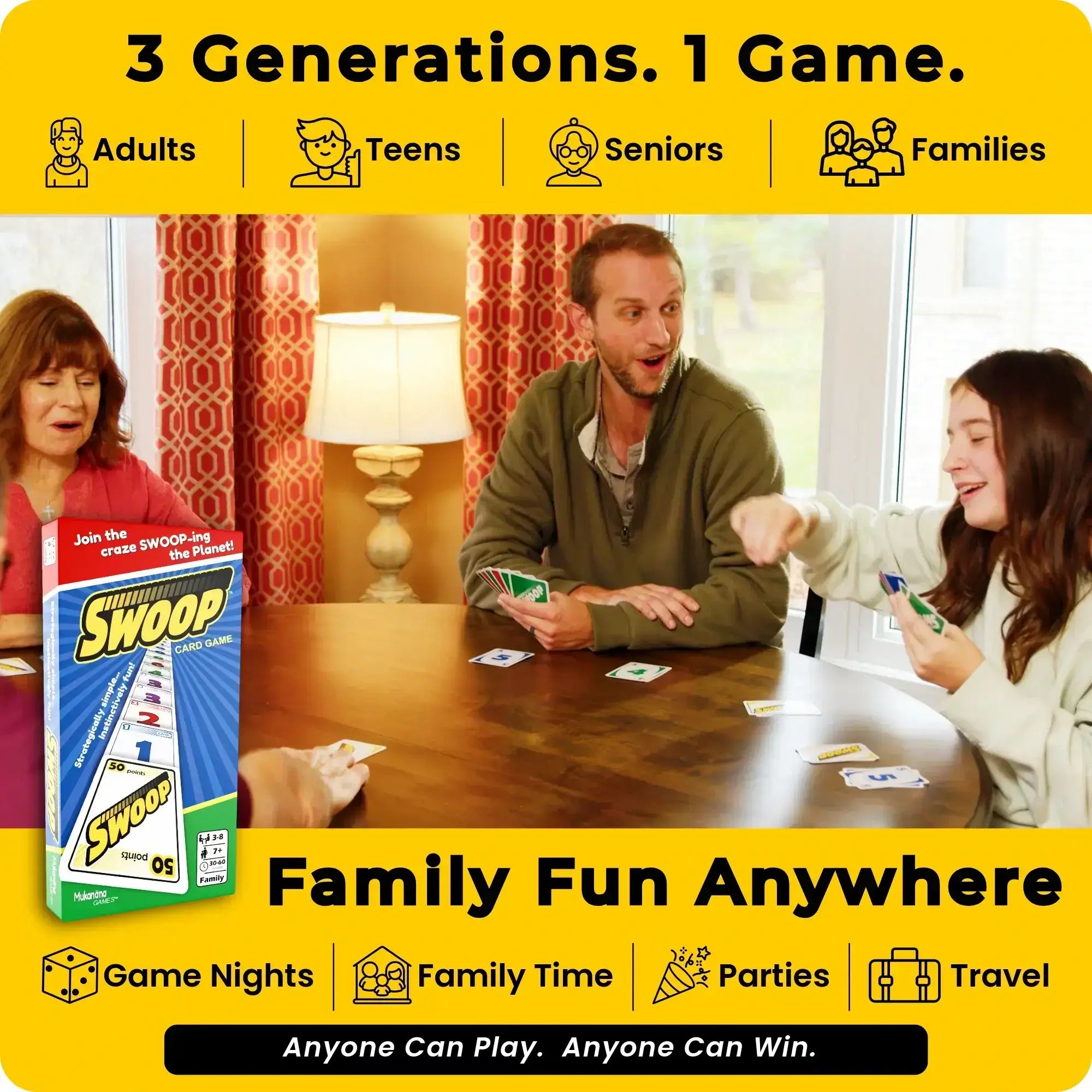 Promotional graphic for the card game SWOOP Card Gamer, showing three people playing the game around a wooden table in a warmly lit living room. The left side features a large product box for SWOOP, and the top and bottom have bold yellow banners with text highlighting family fun and accessibility for adults, teens, seniors, and families.