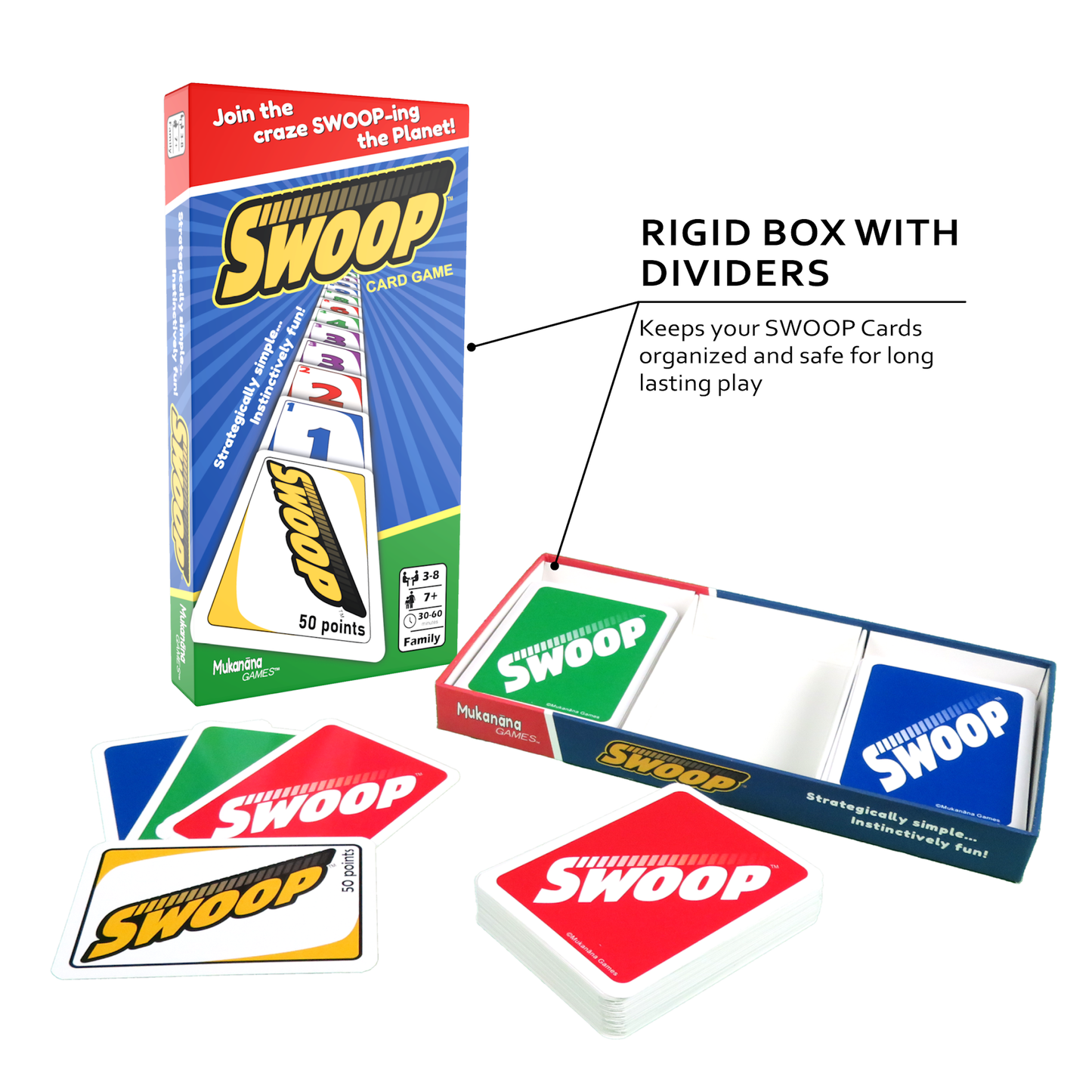 Open SWOOP Card Game Box showing Rigid box and dividers to keep cards safe and organized