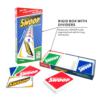 Open SWOOP Card Game Box showing Rigid box and dividers to keep cards safe and organized