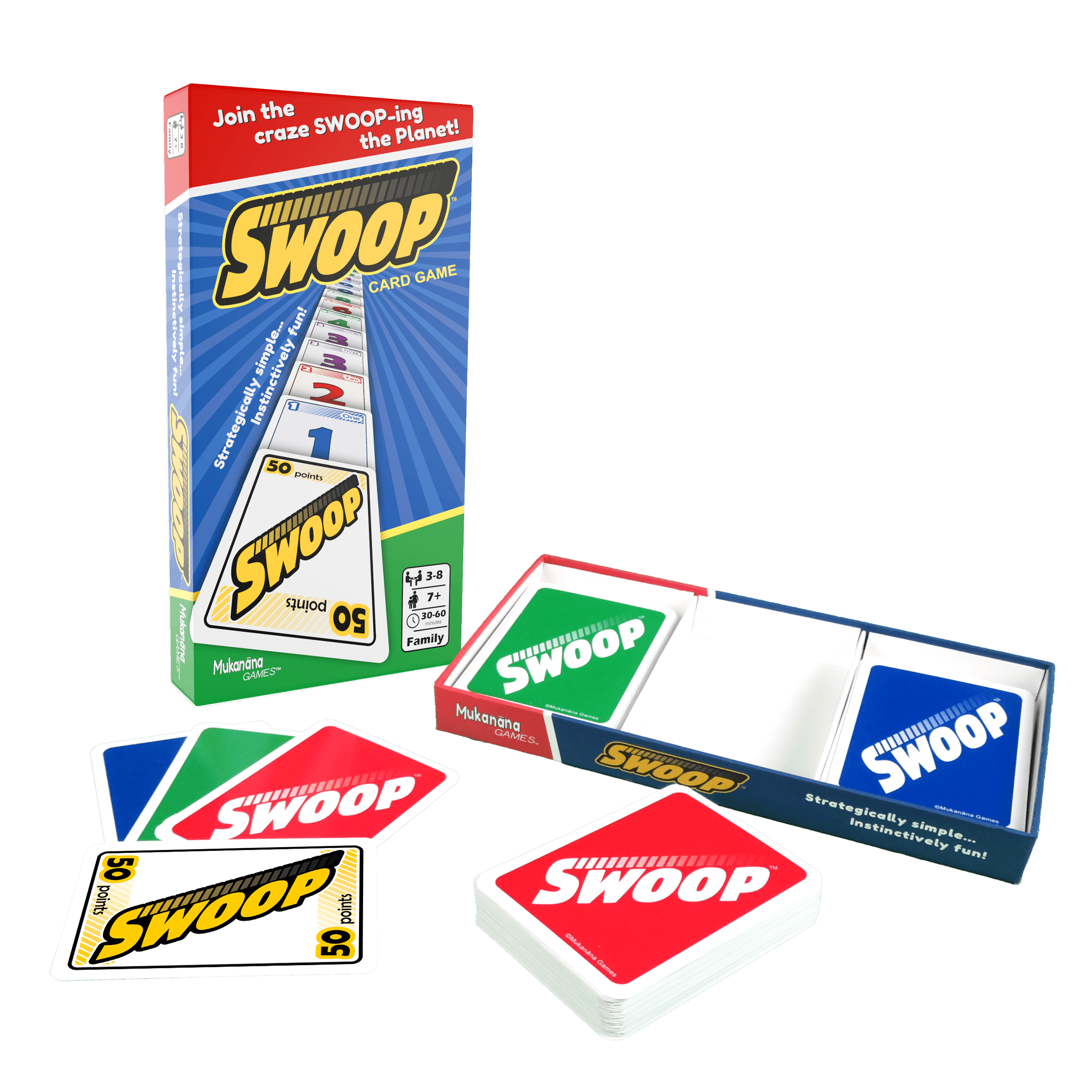 SWOOP Card Game box front, with box bottom open and cards fanned out