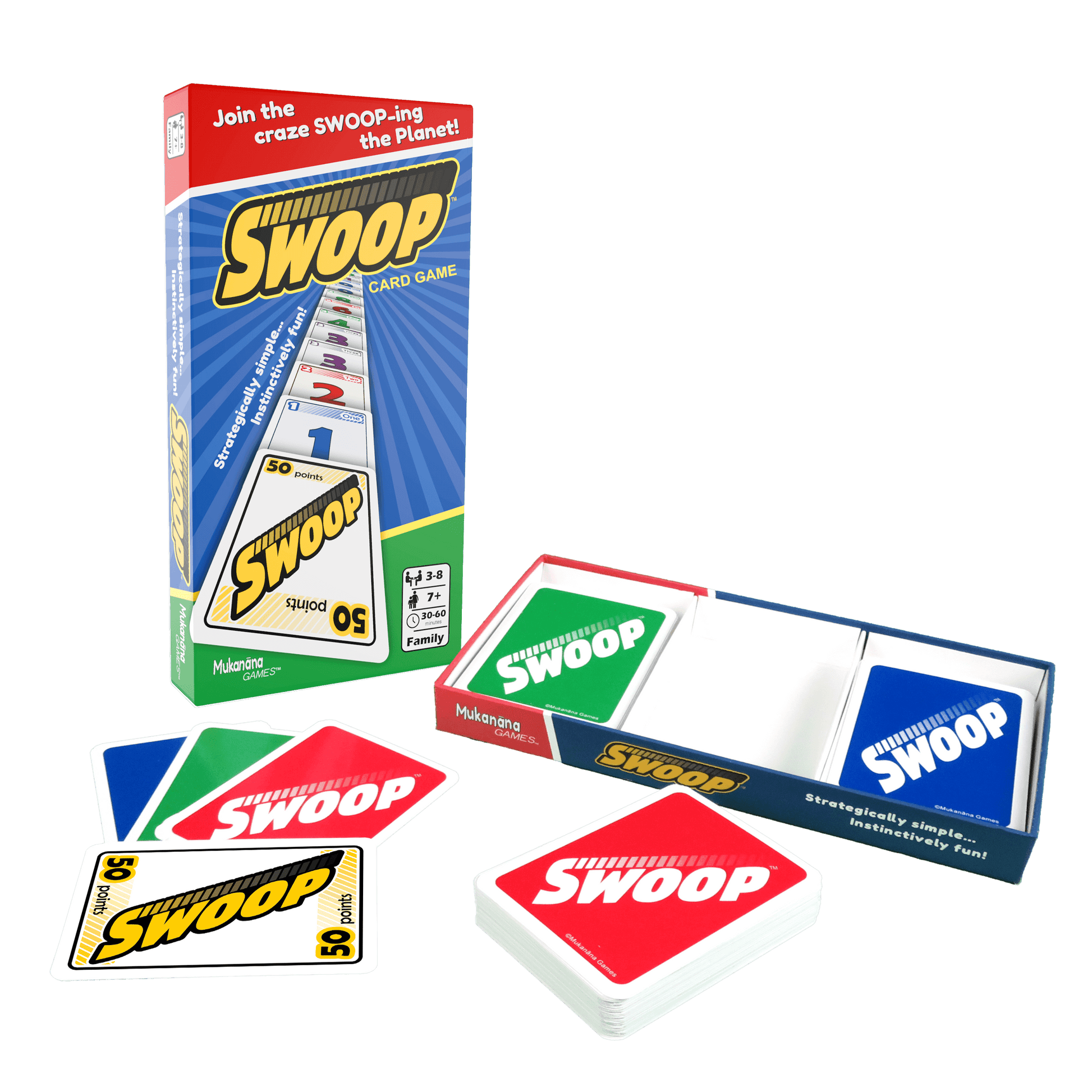 SWOOP Card Game box front, with box bottom open and cards fanned out