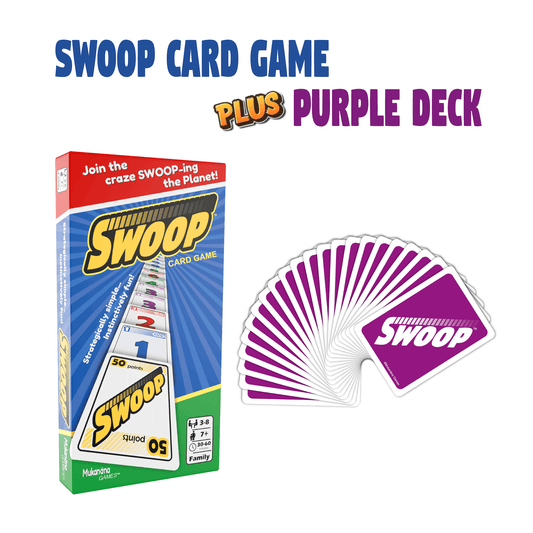 Swoop card game packaging with purple deck on a white background