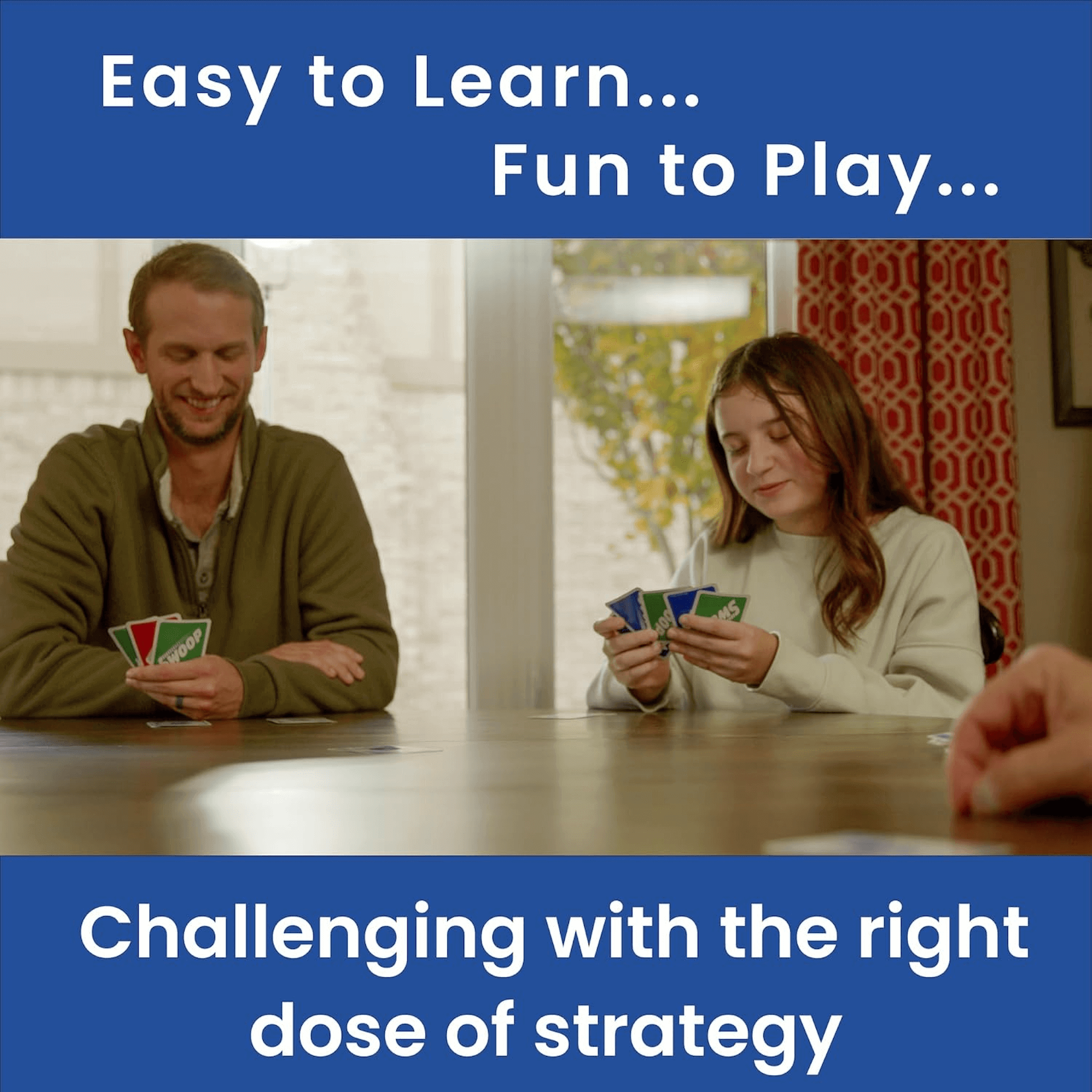 Father and daughter playing SWOOP at a table with text about learning and strategy.
