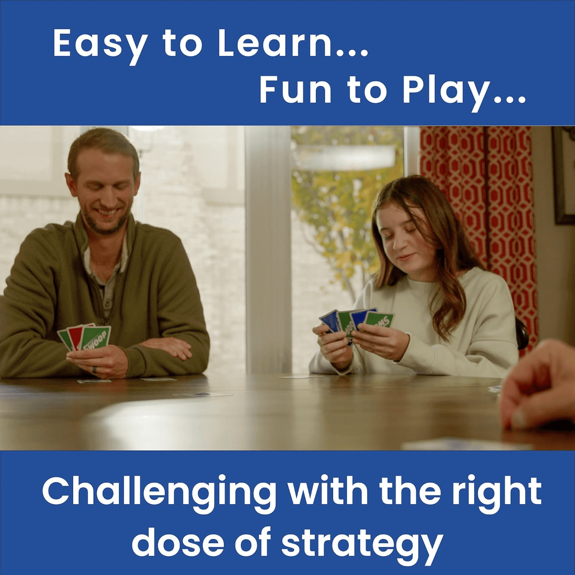 Father and daughter playing SWOOP at a table with text about learning and strategy.
