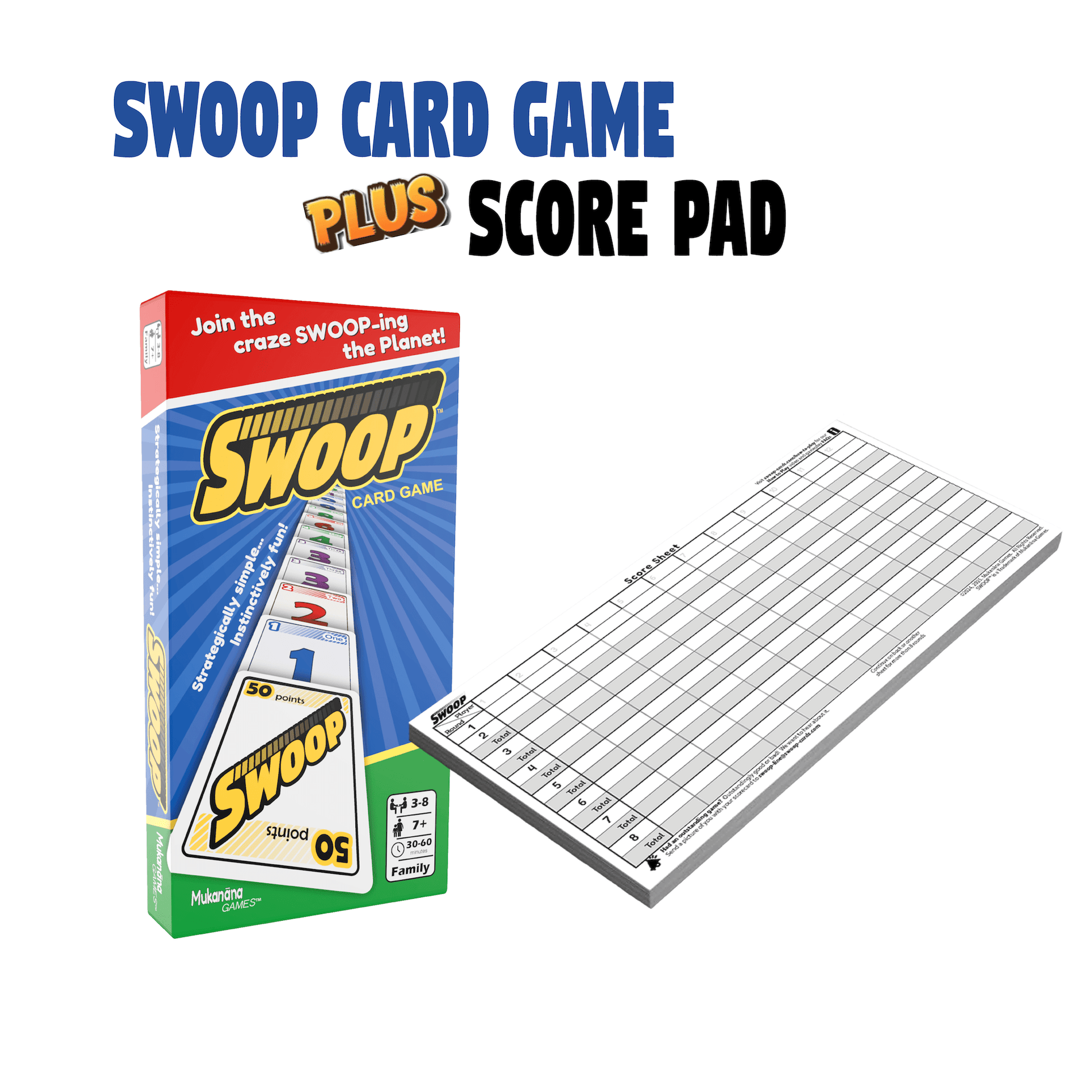 Swoop Card Game set shown with its retail box and a white score pad on a plain white background. Large text at the top reads 'SWOOP CARD GAME PLUS SCORE PAD.