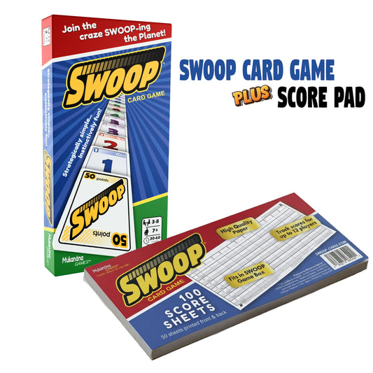 SWOOP Card Game - Game Night Bundle featuring game box and scorepad with 100 sheets for tracking scores.