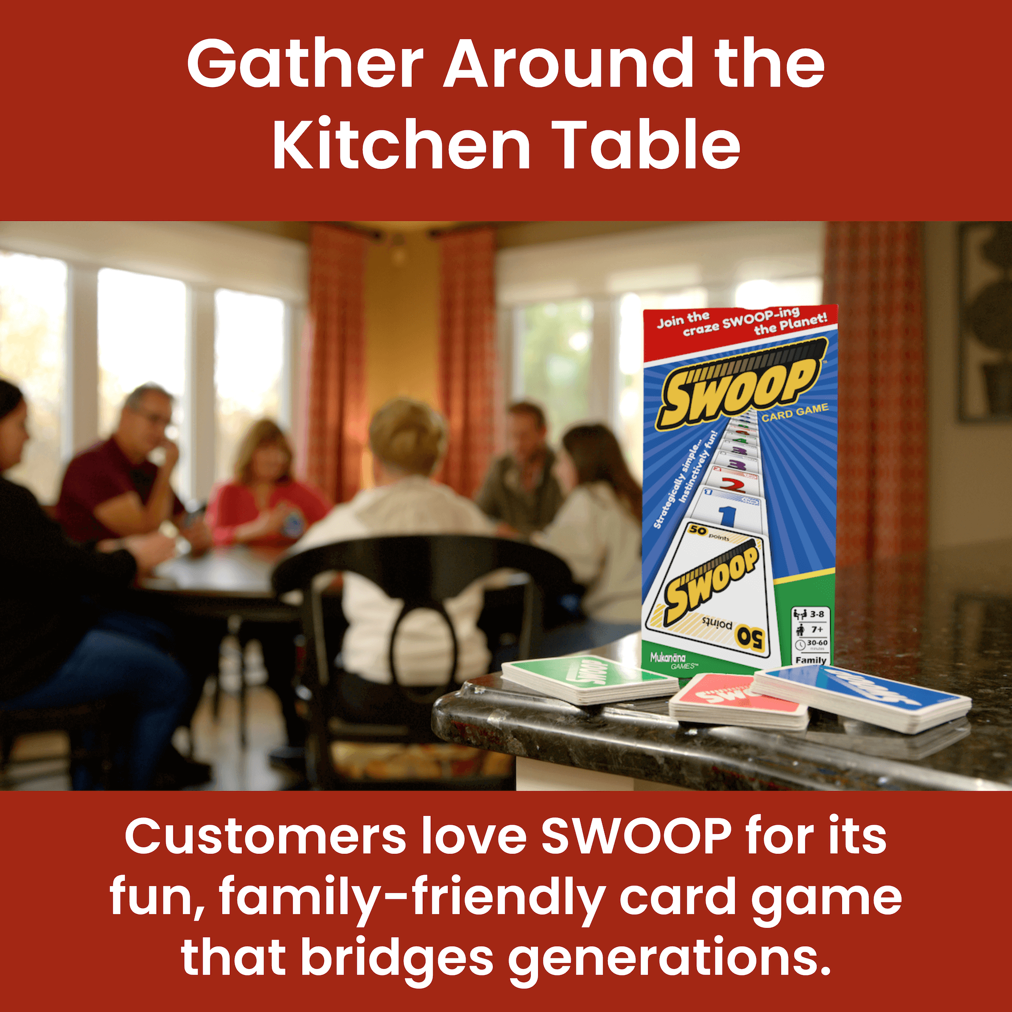 SWOOP card game packaging with people playing cards in the background