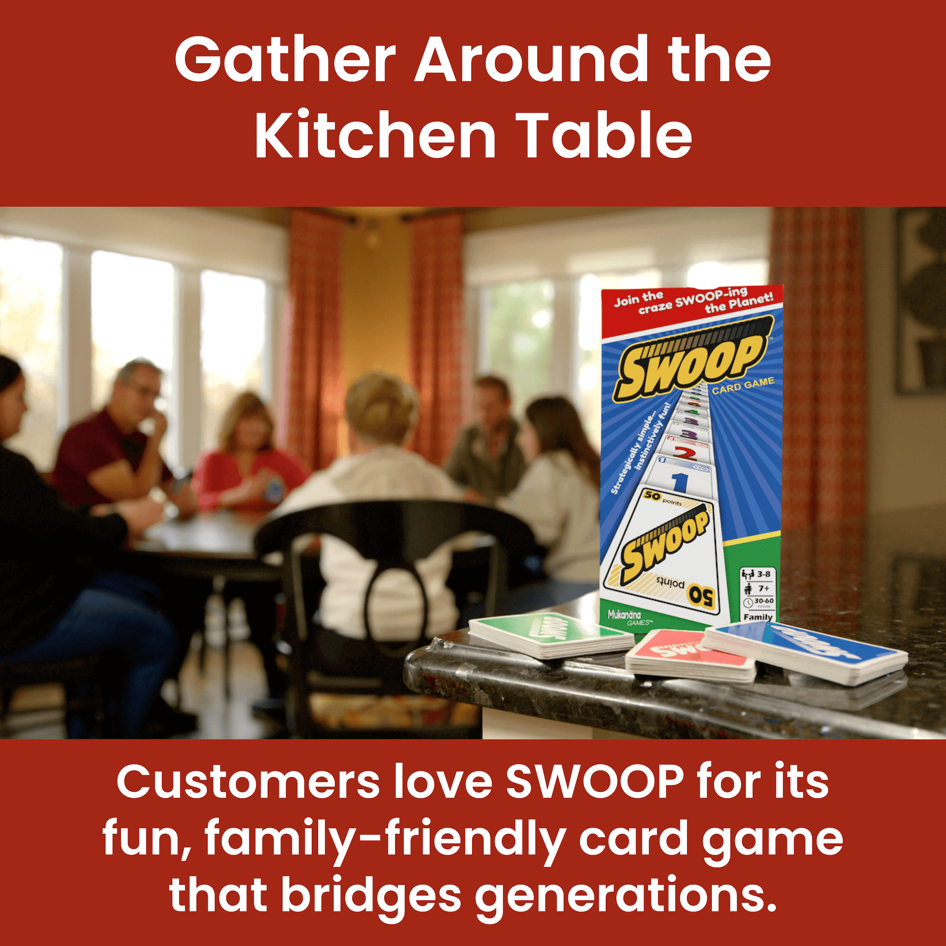 SWOOP card game packaging with people playing cards in the background