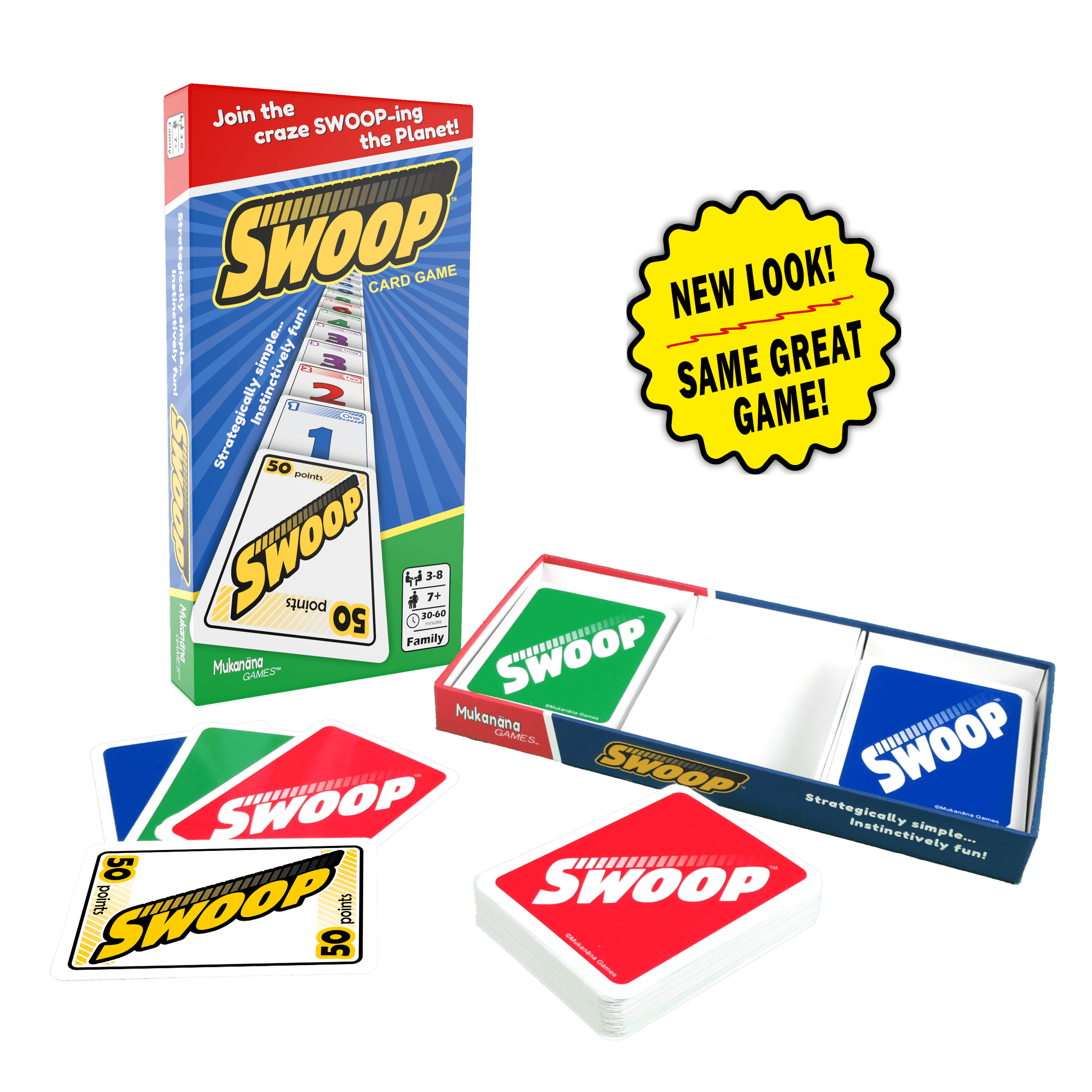 Opened box with cards showing of fun and easy SWOOP Card Game with NEW LOOK Badge