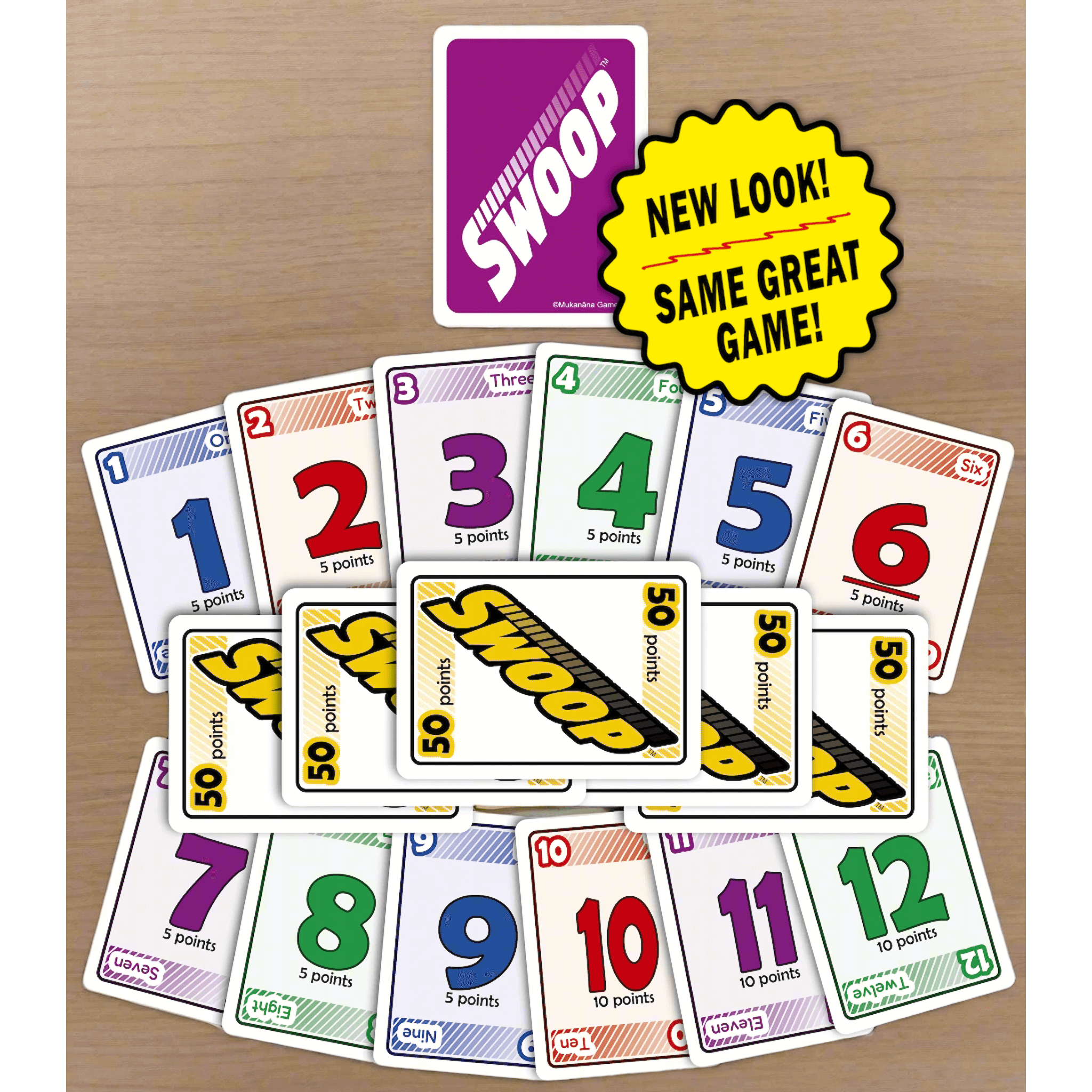 SWOOP Purple Deck on a wooden surface, with a NEW LOOK Badge