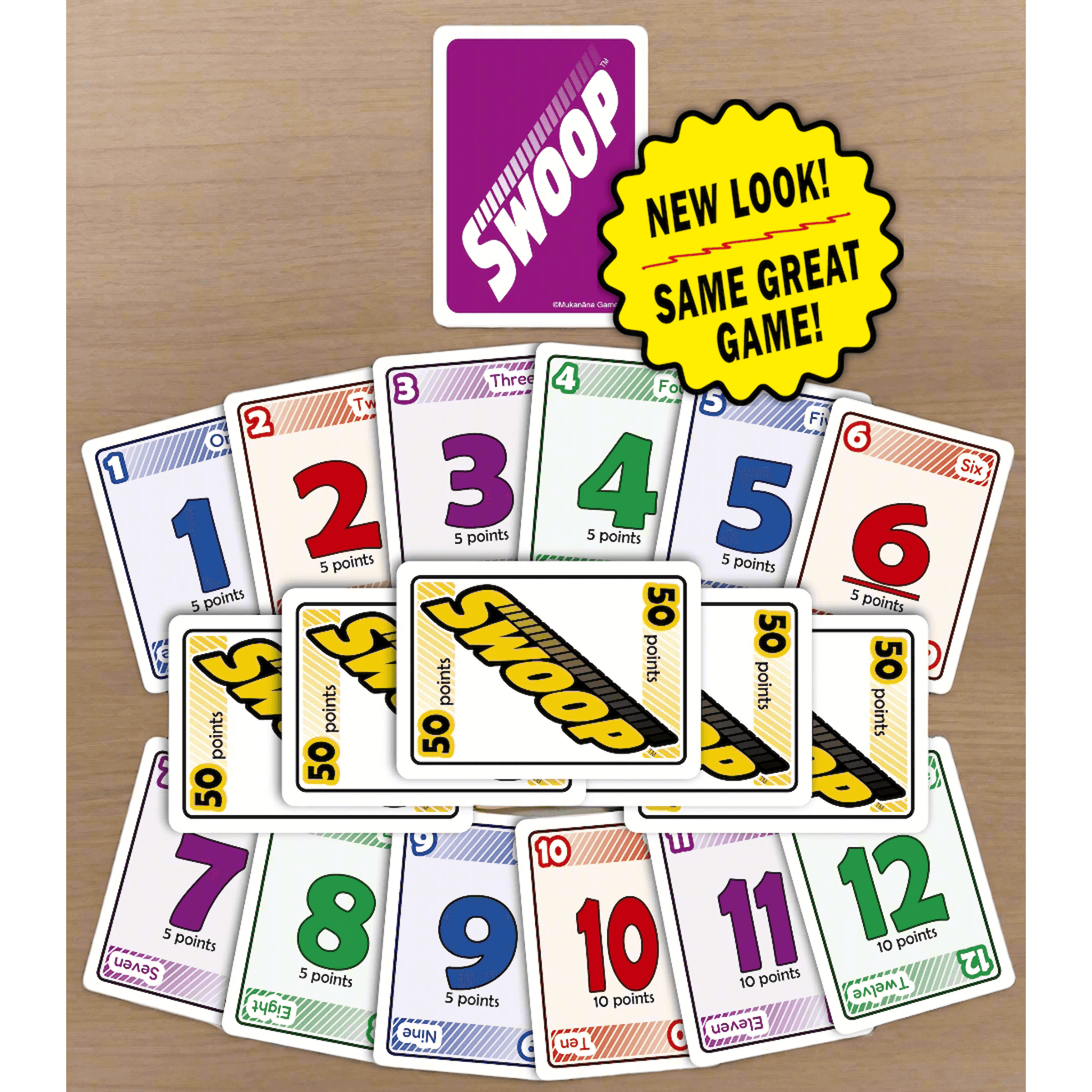 SWOOP Purple Deck on a wooden surface, with a NEW LOOK Badge