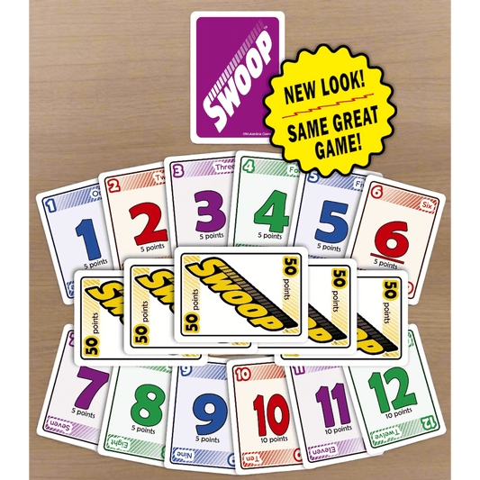 SWOOP Purple Deck on a wooden surface, with a NEW LOOK Badge