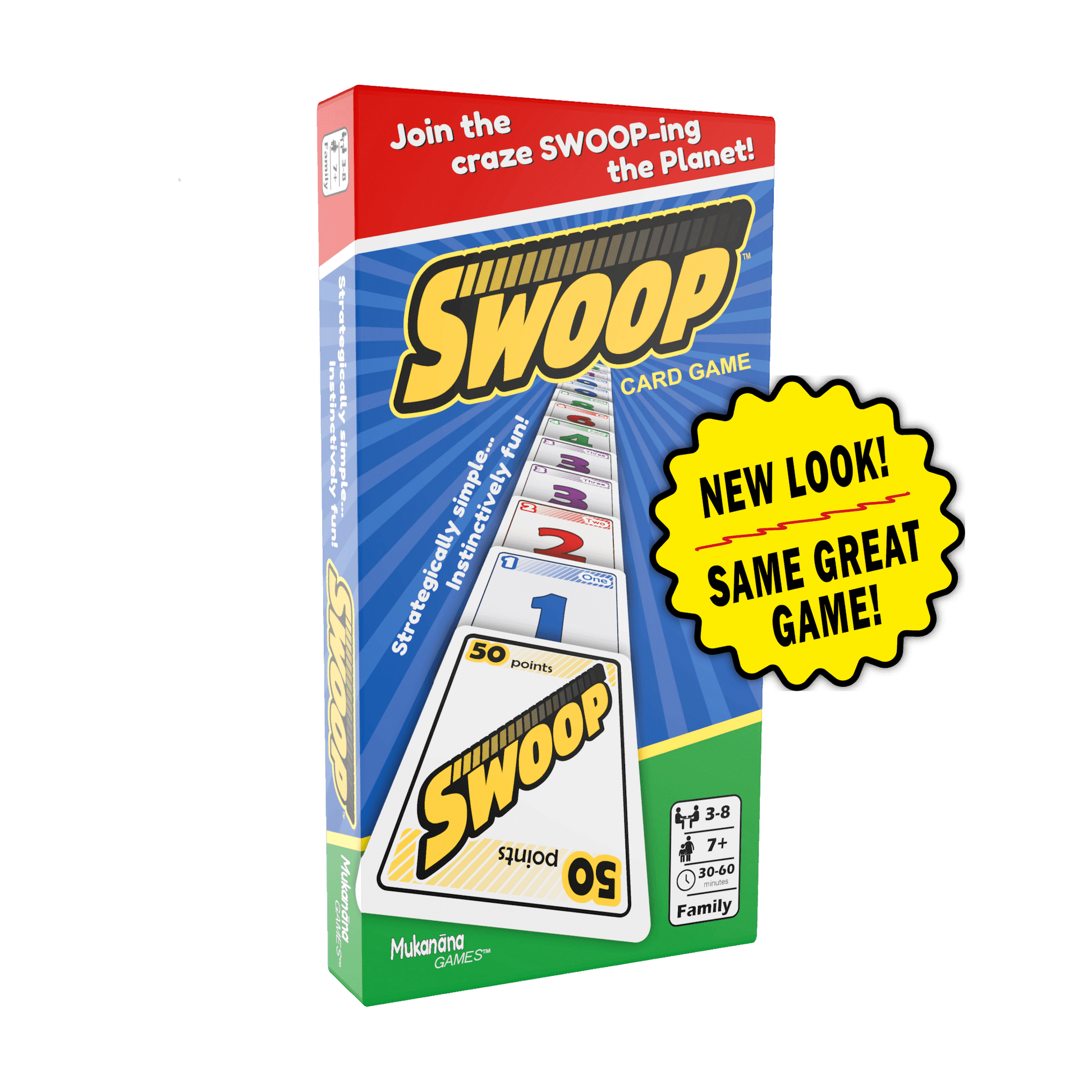 Swoop Card Game Box with New Look / Same Great Game badge