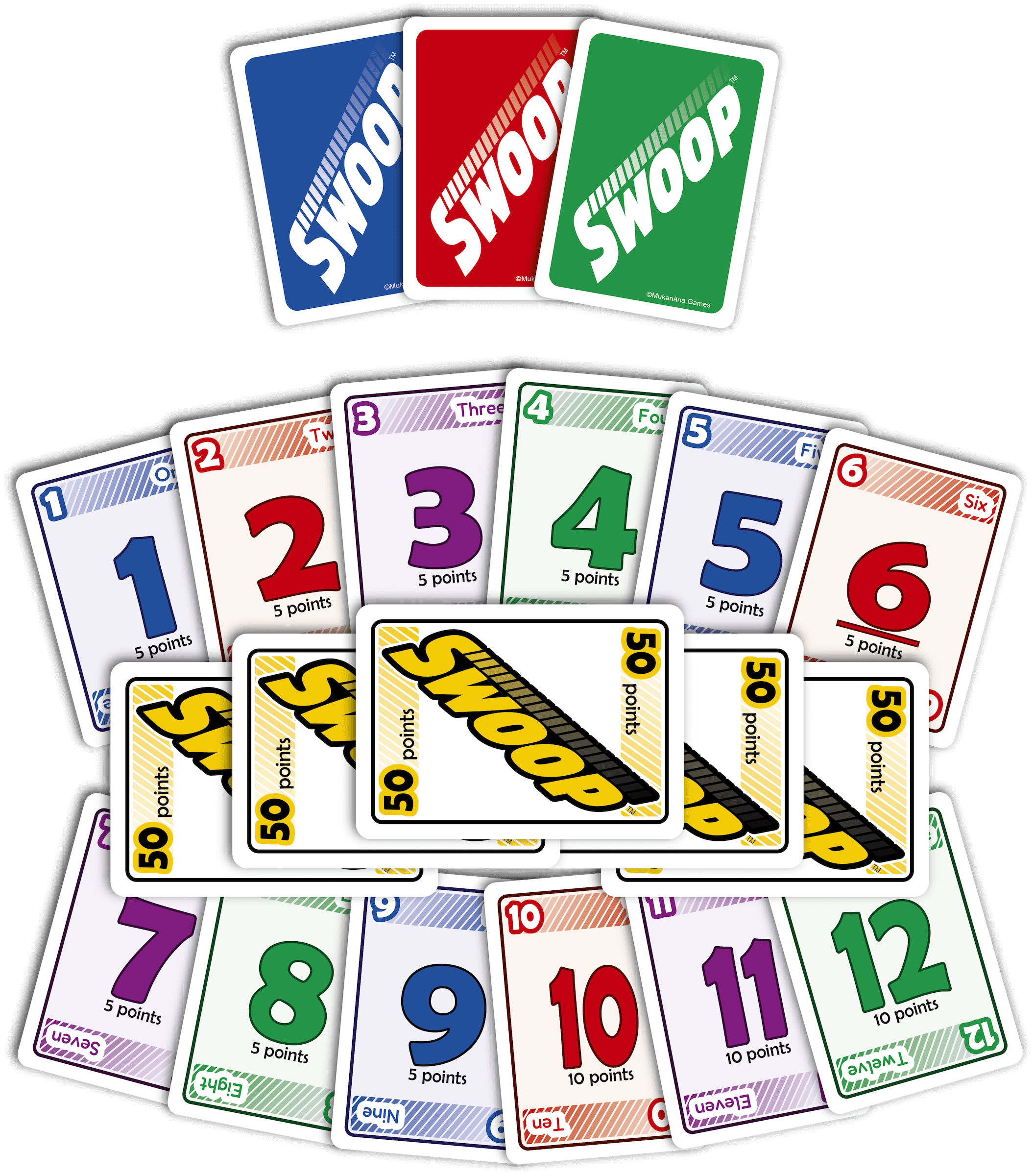 Set of Swoop Card Game cards on a white background