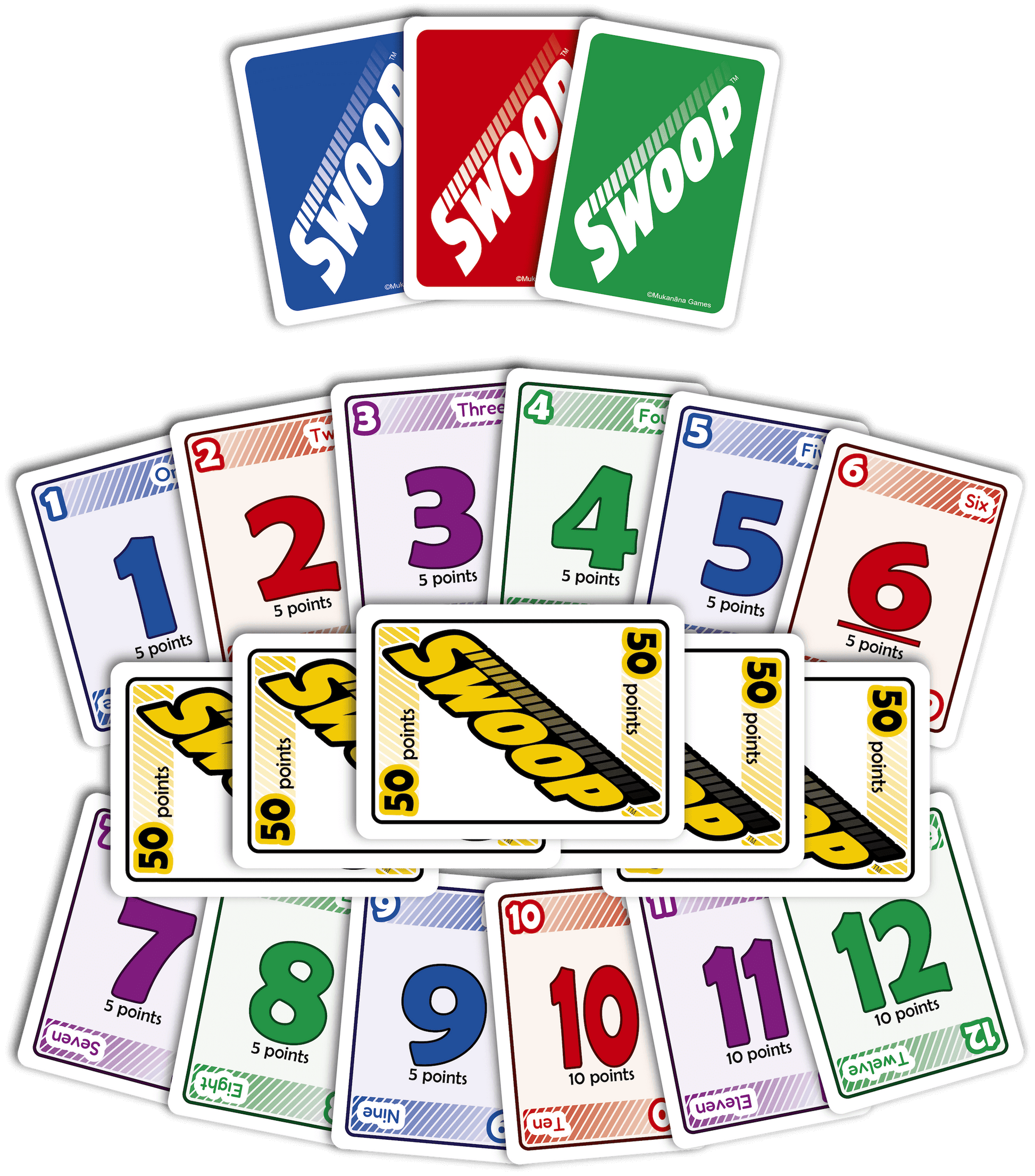 Set of Swoop Card Game cards on a white background