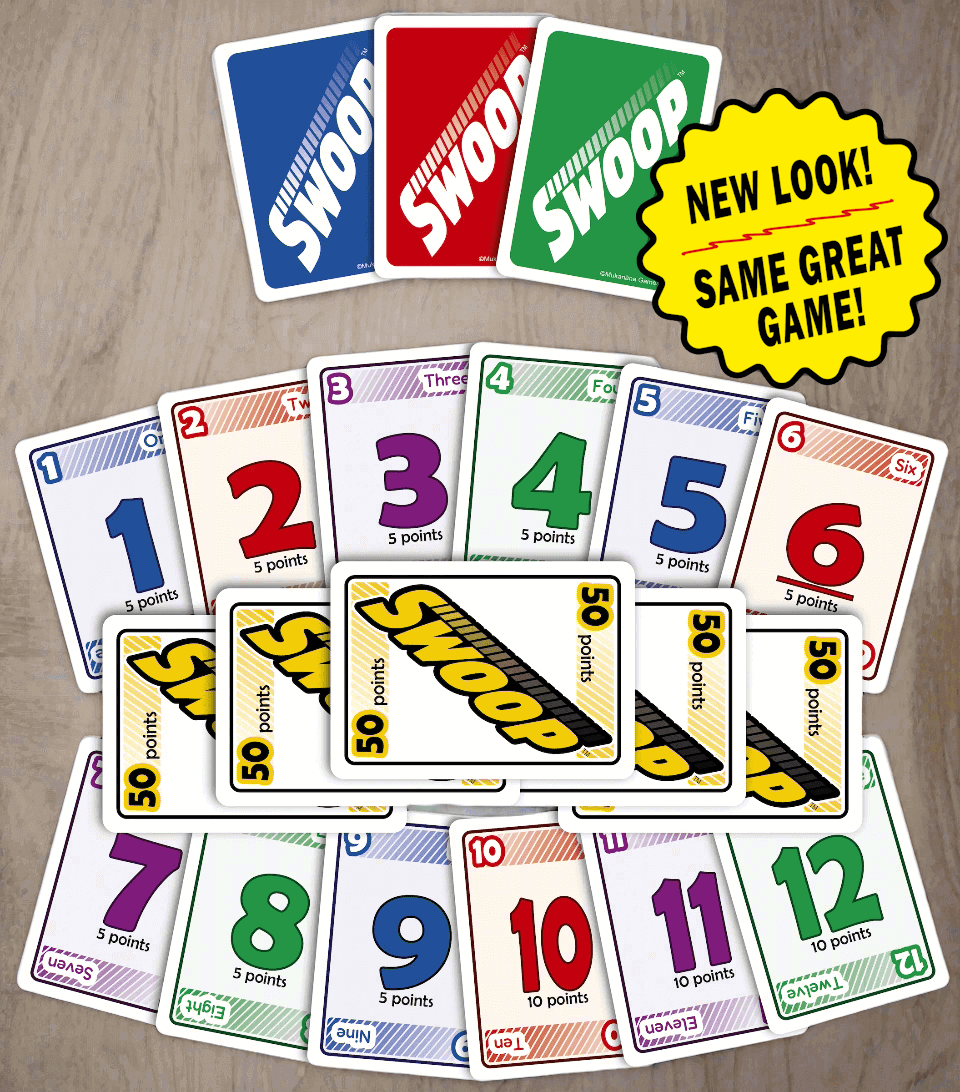 Collection of Swoop card game cards on a wooden surface with a 'New Look! Same Great Game!' label.