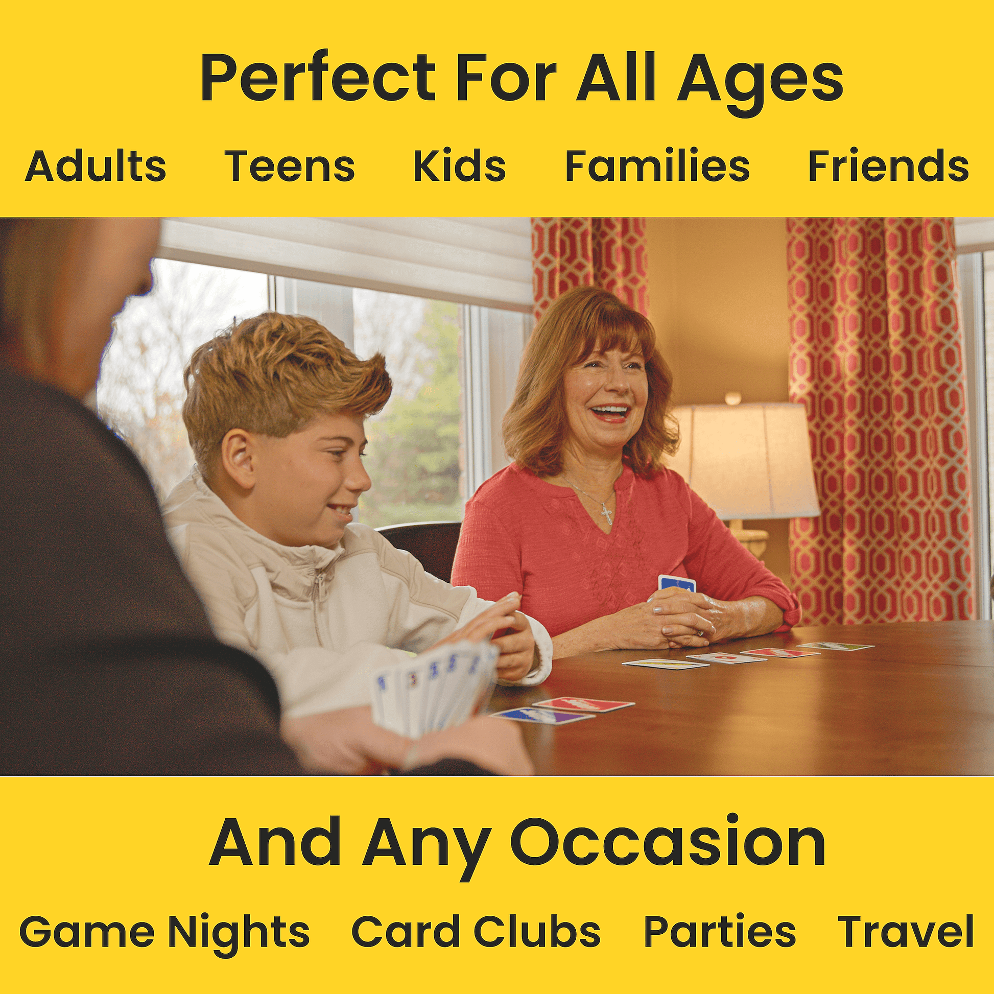 Grandma and grandson playing SWOOP together with text indicating suitability for all ages and occasions.