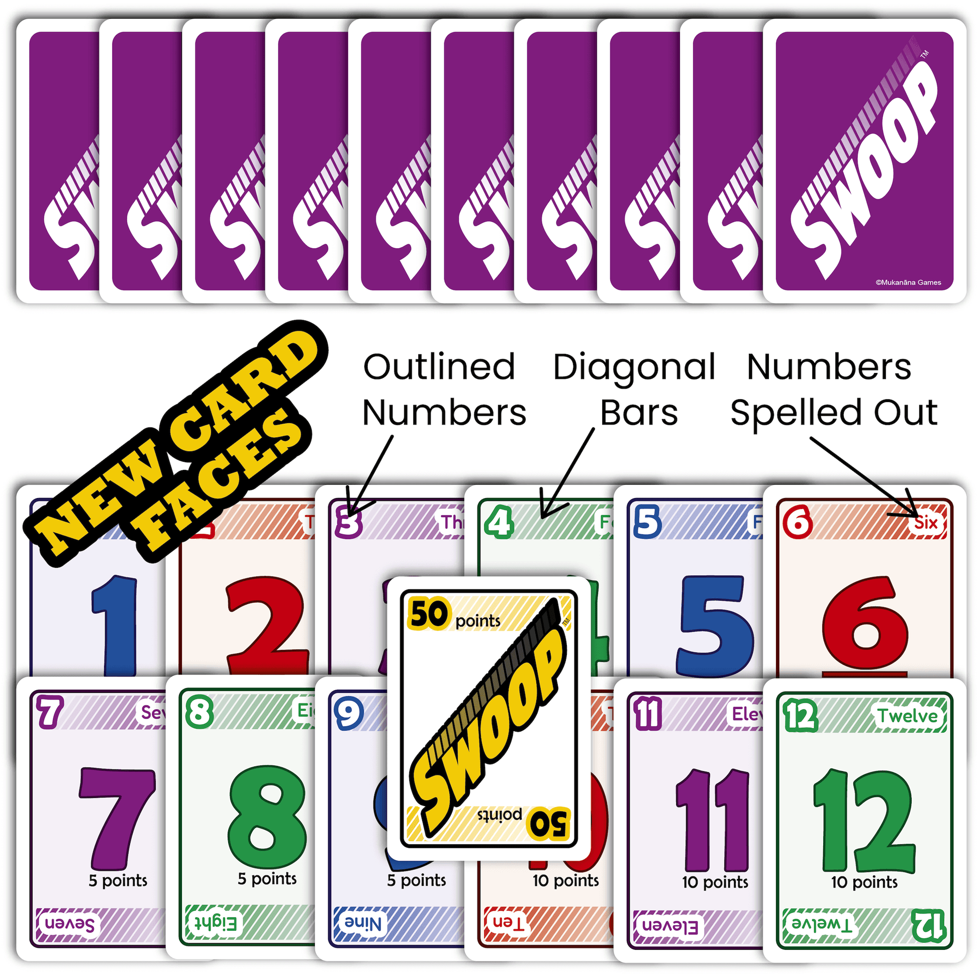 Set of new SWOOP Cards showing distinguishing design elements.