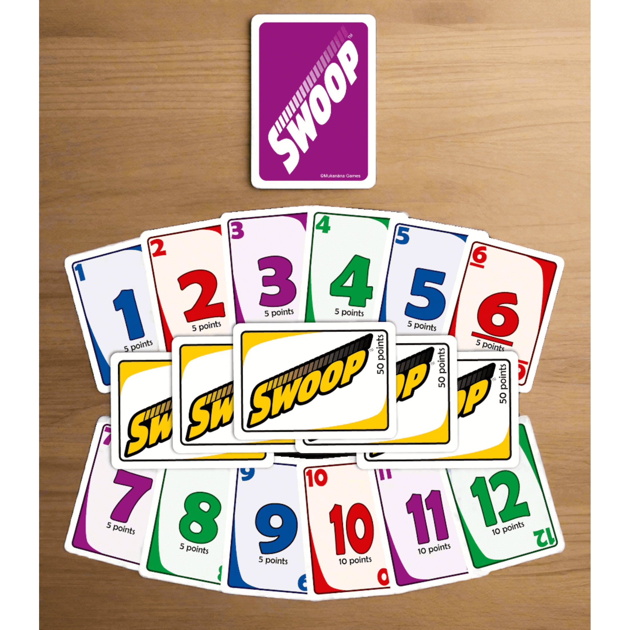  Front and back of fun and easy Purple SWOOP deck laid out on a table