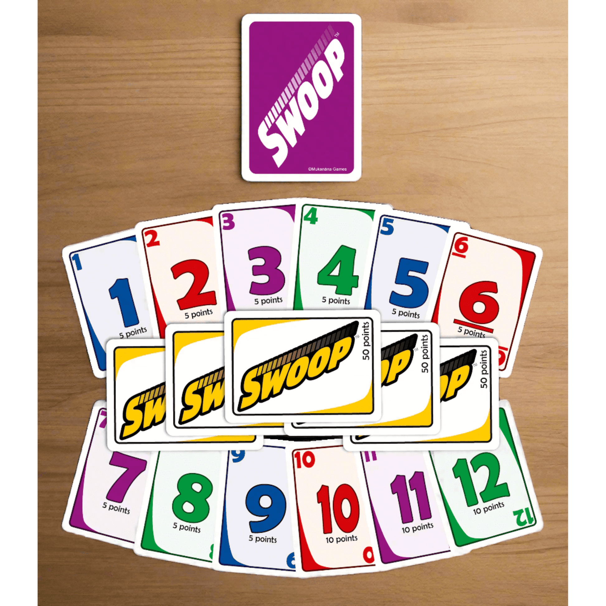  Front and back of fun and easy Purple SWOOP deck laid out on a table