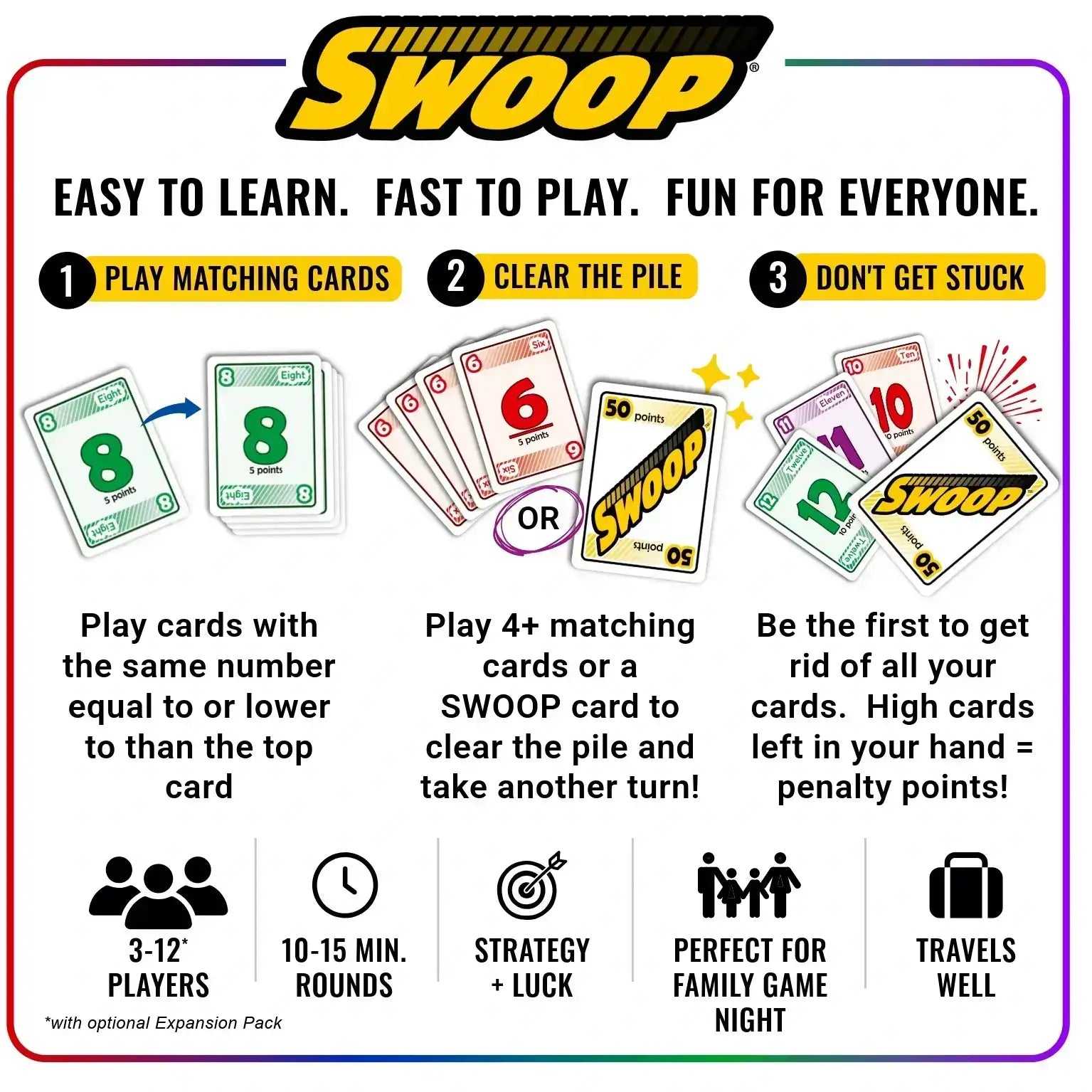 Promotional graphic for the Swoop card game, featuring the Swoop logo at the top, step-by-step gameplay instructions with illustrated cards, and feature icons at the bottom on a white background with a thin multicolor border.