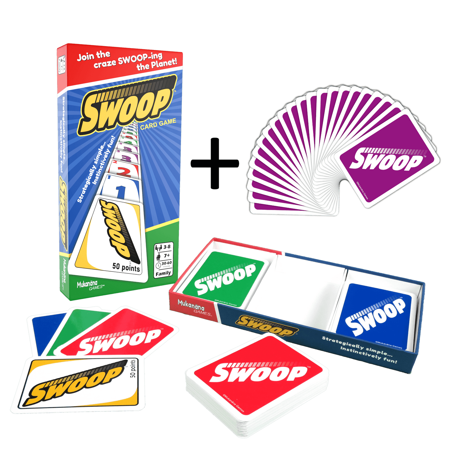 SWOOP Pre-Order Bundle, including game box front and back, cards, and the free 4th Purple Deck