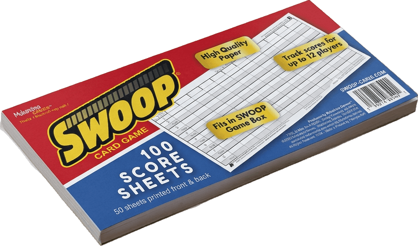 Swoop Card Game 100 score sheets in a red, yellow, and blue retail box, photographed on a black background.