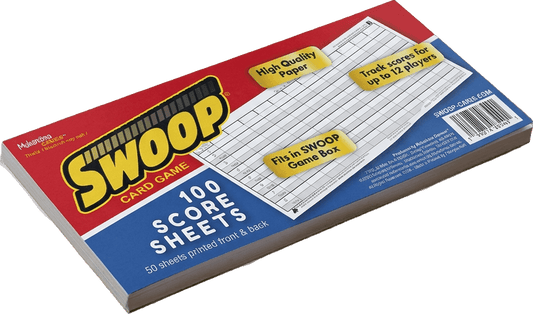 Swoop Card Game 100 score sheets in a red, yellow, and blue retail box, photographed on a black background.