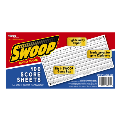 Swoop Card Game 100 score sheets package by Makaton Games, featuring a red and blue box with yellow Swoop logo and a sample score sheet illustration.