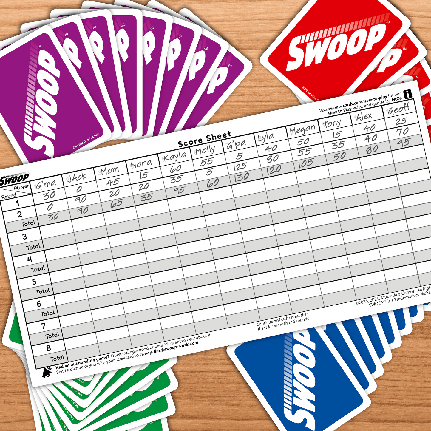 SWOOP Scoresheet on top of SWOOP Cards on a table