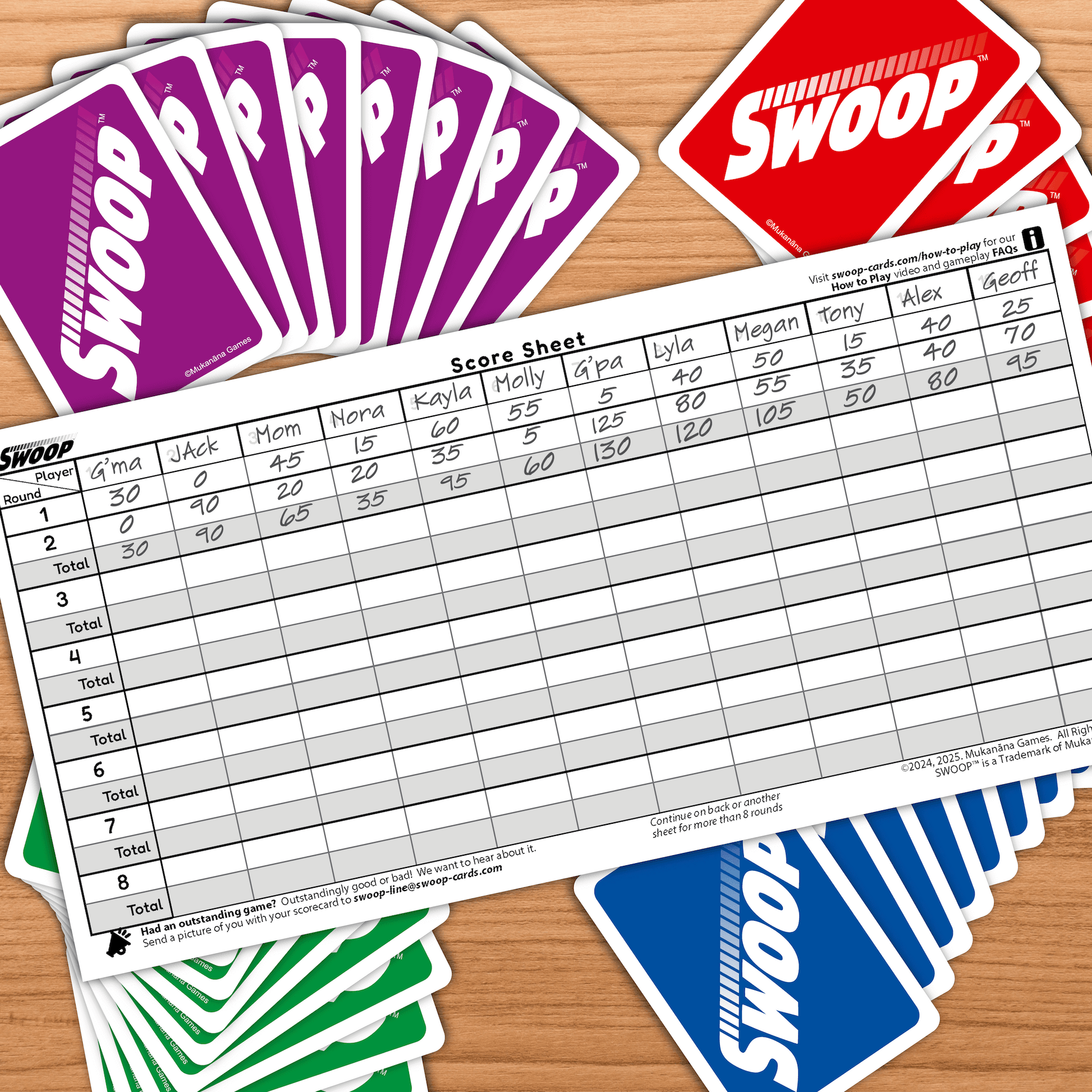 SWOOP Scoresheet on top of SWOOP Cards on a table