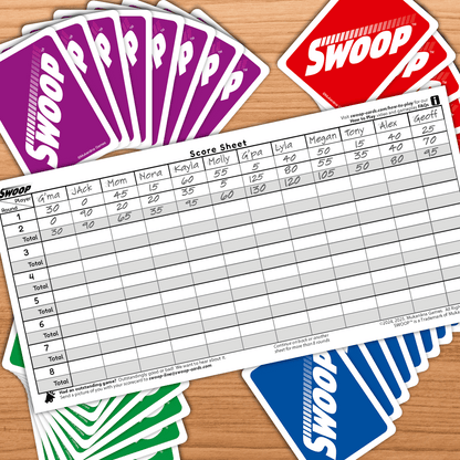 SWOOP Scoresheet on top of SWOOP Cards on a table