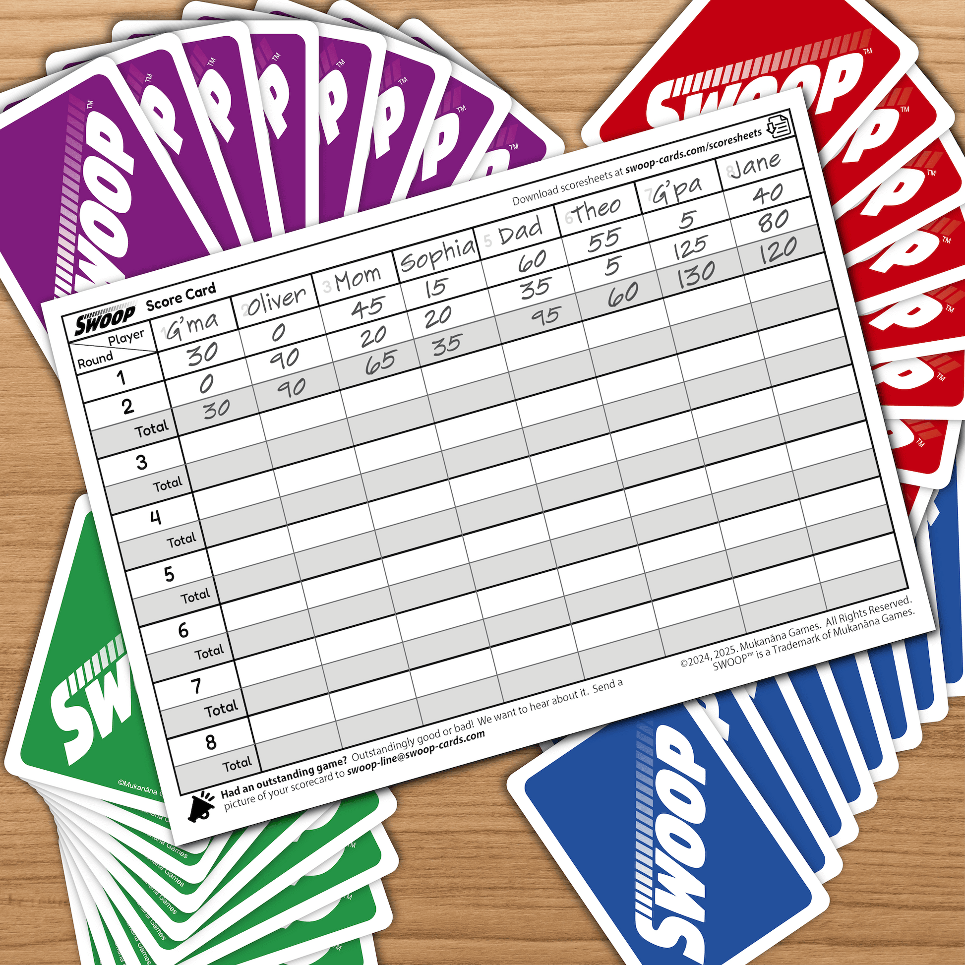 SWOOP Scoresheet on top of SWOOP Cards on a table