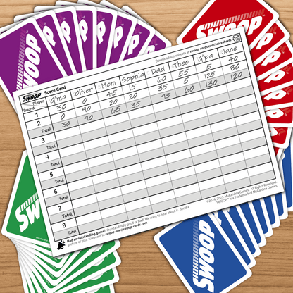 SWOOP Scoresheet on top of SWOOP Cards on a table