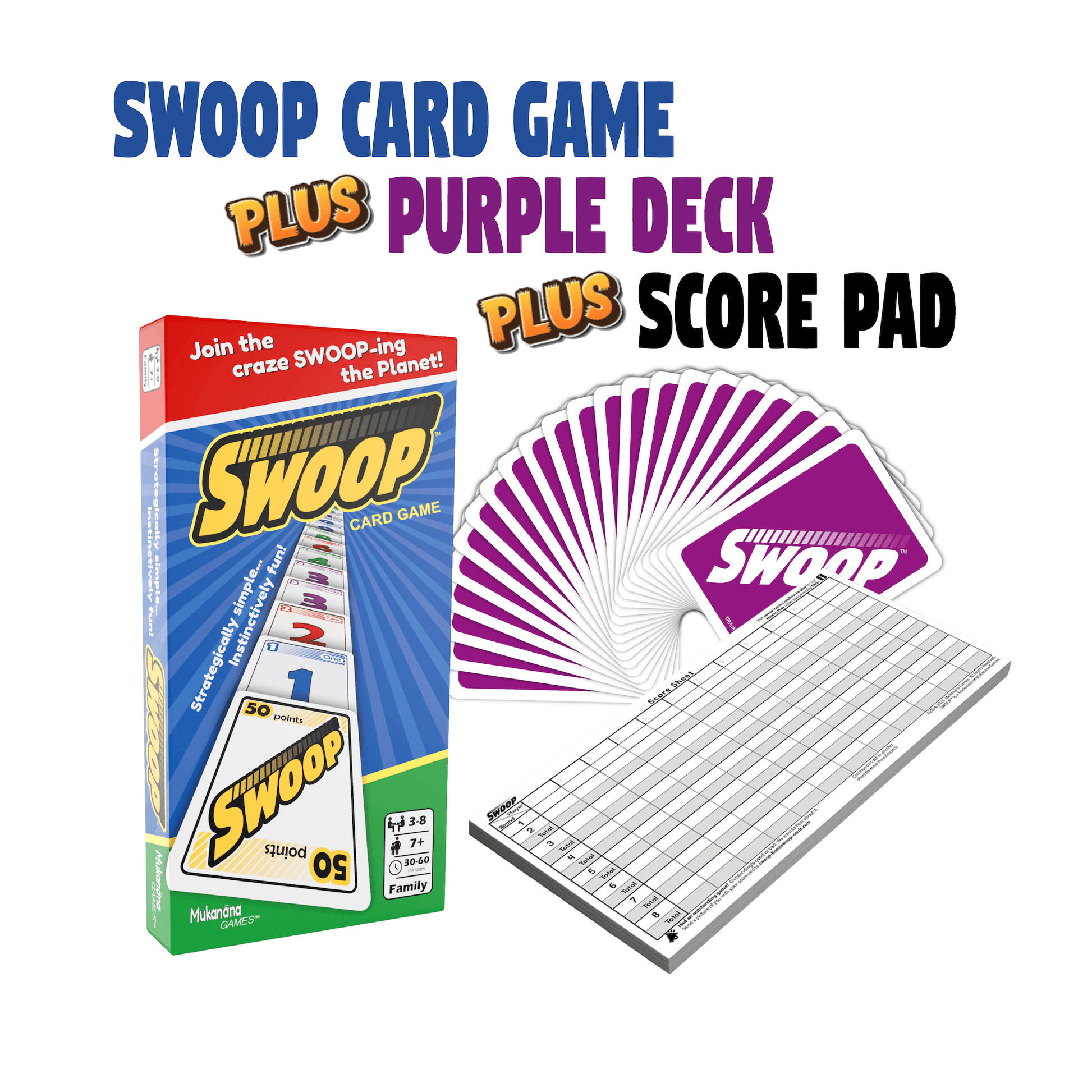 Swoop card game set with purple deck and score pad on a white background