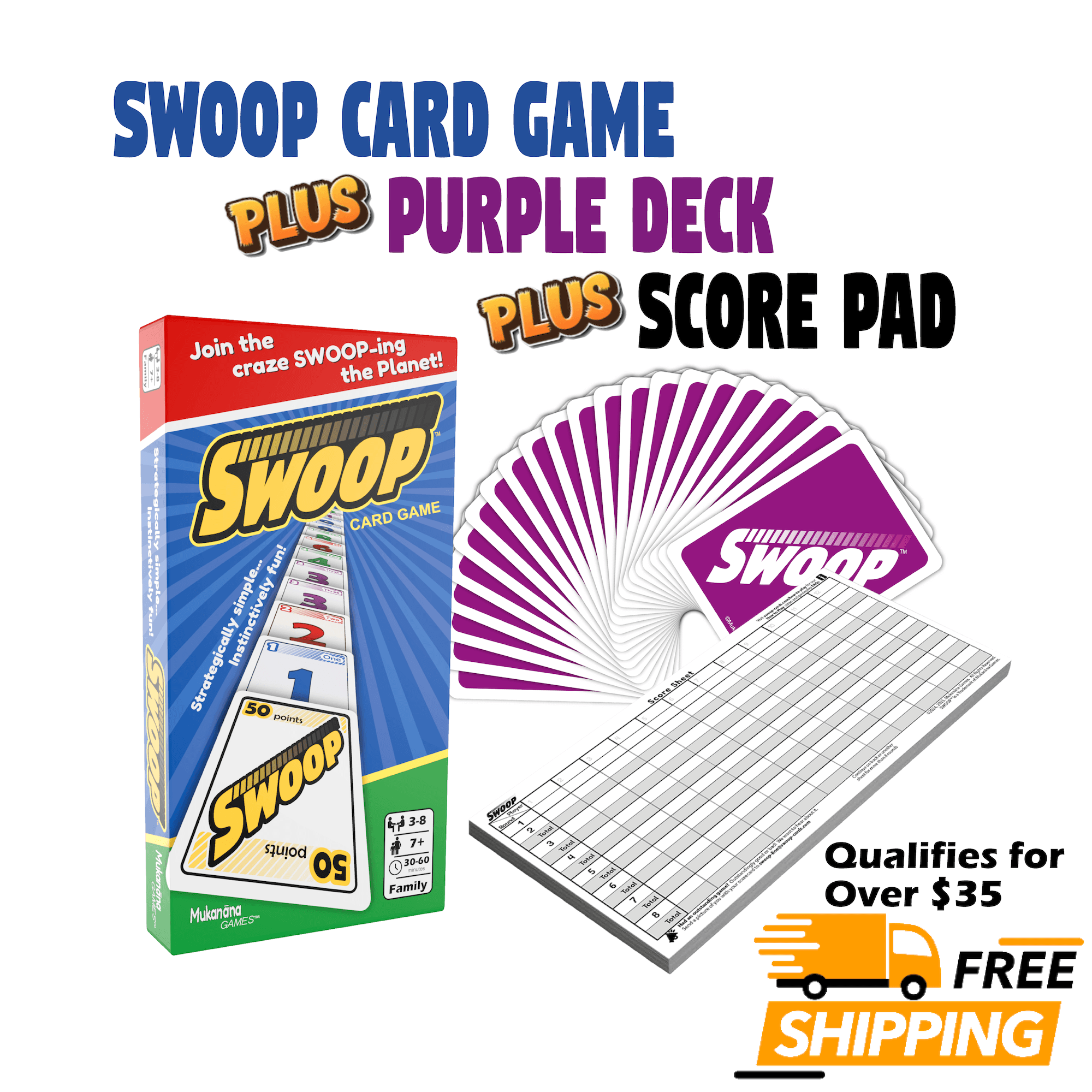 Swoop Card Game set including the retail box, a fanned deck of purple cards, and a white score pad on a white background with promotional text and a shipping badge.