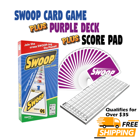 Swoop Card Game set including the retail box, a fanned deck of purple cards, and a white score pad on a white background with promotional text and a shipping badge.