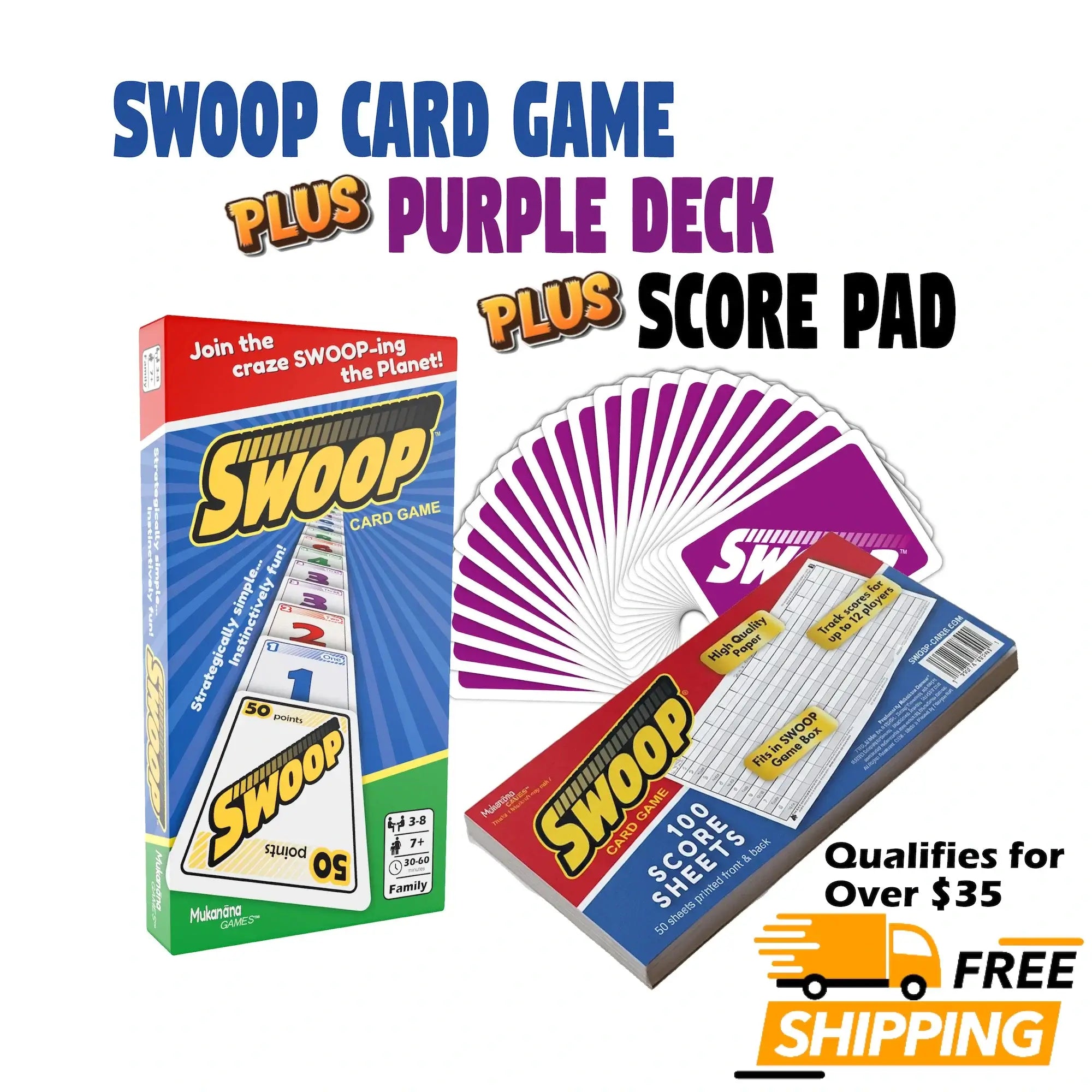 Swoop Card Game set shown with the retail box, a fanned deck of purple cards, and a score pad on a white background, with promotional text including 'Plus Purple Deck' and 'Plus Score Pad' and a 'Free Shipping' badge.